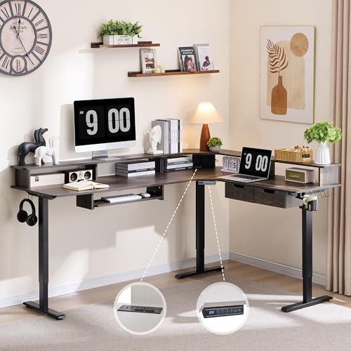 RedLemon 75x60 Inches L Shaped Electric Standing Desk, Dark Rustic Oak - color: Dark Rustic Oak, size: 75"X60"