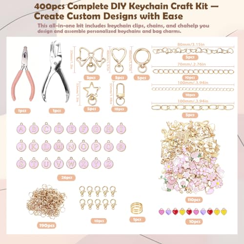 FULGENSZ 400PCS DIY Lipgloss Charm Kit – 136 Charms, 30 Keychains, Extender Chains & Tools for DIY Keychain & Key Chain Charm Kit Projects, Bag Charms, Jewelry Making & Party Gifts (Cute Pink) - color: Cute Pink