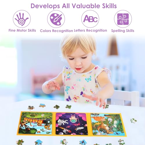 Magnetic Jigsaw Puzzles for Kids Ages 4-6, 36-Piece Preschooler Travel Toys Animals and Space Puzzles Ages 3-5, Educational Learning Magnets, Ideal Road Trip Activities Toys for 3 4 5 6 Boys and Girls - color: 36 Pcs Animals