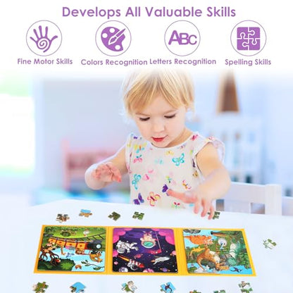 Magnetic Jigsaw Puzzles for Kids Ages 4-6, 36-Piece Preschooler Travel Toys Animals and Space Puzzles Ages 3-5, Educational Learning Magnets, Ideal Road Trip Activities Toys for 3 4 5 6 Boys and Girls - color: 36 Pcs Animals