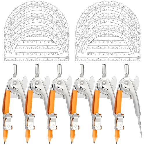 Mototo 12-PCS Geometry Tool Set, Math Compass for Geometry and 6 Inch Protractor Set Include Metal Compass with Pencil and Clear Plastic Protractor for Student Classroom Office Woodworking Art Drawing - style: 12 Pack