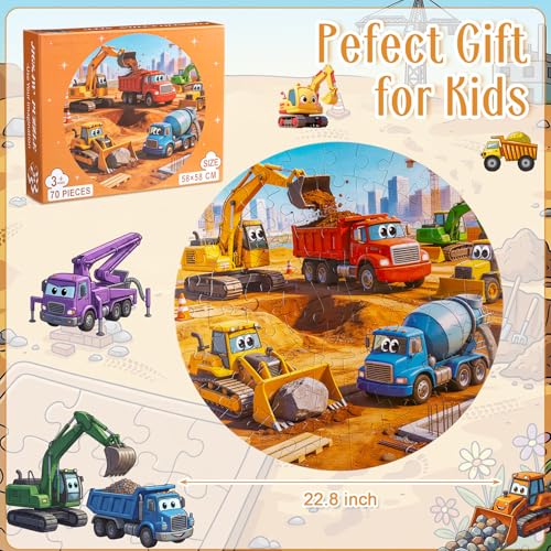Civaner 70 Pieces Floor Puzzles Round Large Puzzles, Construction Vehicles - style: Construction Vehicles