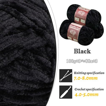 LUNARM Chenille Yarn 3 Pack 3.5oz Chunky Blanket Velvet Yarn 263 Yard - color: Black