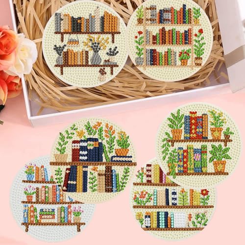 Diamond Art Coasters Kit, 8 Pieces Books Diamond Painting Coasters Kit - color: Bookshelf