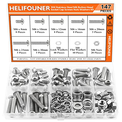 HELIFOUNER 147 Pieces M6 x 8mm /10mm /12mm /16mm /20mm /25mm /30mm, Button Head Socket Cap Screws Bolts Washers Nuts Kit, 304 Stainless Steel - size: M6, style: Button Head Socket Cap