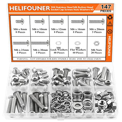 HELIFOUNER 147 Pieces M6 x 8mm /10mm /12mm /16mm /20mm /25mm /30mm, Button Head Socket Cap Screws Bolts Washers Nuts Kit, 304 Stainless Steel - size: M6, style: Button Head Socket Cap