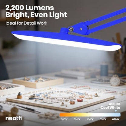 Neatfi XL 2200 Lumens 24W LED Desk Lamp – Shadow-Free Task Lighting | 4-Level Dimming | Home Office & Crafts Use | 20-Inch Wide Head (Sapphire Blue, Non-CCT with Clamp) - color: Sapphire Blue, size: Non-CCT with Clamp