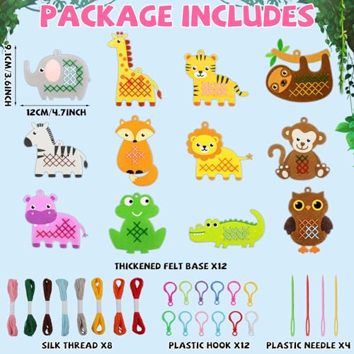 Cross Embroidery Kit for Kids Beginner 12 Jungle Animals Felt Keyrings Needlepoint Embroidery Starter Set with Jumbo Plastic Needles Pre-Printed Patterns for DIY Arts & Crafts Gift Safari Party Favor