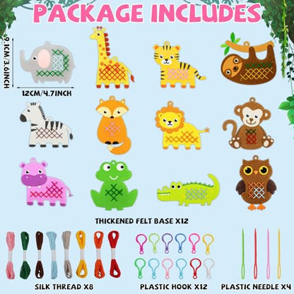 Cross Embroidery Kit for Kids Beginner 12 Jungle Animals Felt Keyrings Needlepoint Embroidery Starter Set with Jumbo Plastic Needles Pre-Printed Patterns for DIY Arts & Crafts Gift Safari Party Favor