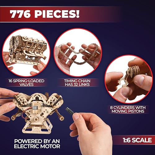 UGEARS V8 Engine Wooden Model Kits for Adults to Build – 3D Wooden Puzzles for Adults Mechanical Model Building – DIY Kit Functional Model Engine Kits Replica with Electric Motor - 776 Pcs