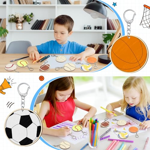 Trnayi 36 Pcs Sports Ball Unfinished Wood Keychains Color Your Own Craft - style: Sports