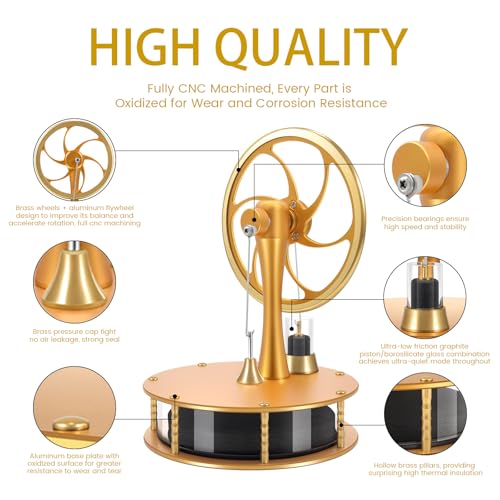HZZ92 Upgrade Low Temperature Stirling Engine Kit Steam Heat Educational Model Classroom Teaching Stirling Engine Adult Desktop Educational Toys Brass Aluminum Stirling Engine- Gold - color: Gold