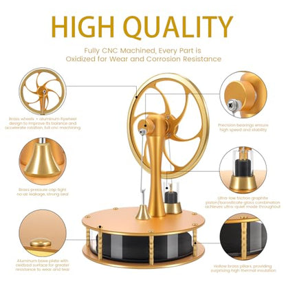 HZZ92 Upgrade Low Temperature Stirling Engine Kit Steam Heat Educational Model Classroom Teaching Stirling Engine Adult Desktop Educational Toys Brass Aluminum Stirling Engine- Gold - color: Gold