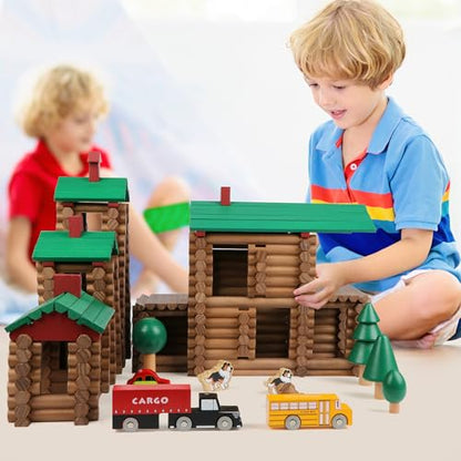 Wondertoys 456Pcs Big Villa Wooden Log Set Real Wood Logs Classic Building Log Ages 3+ Best Retro Building Gift Set Creative Construction Engineering Educational Gifts - style: 456PCS Luxury Villas