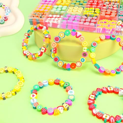 Gionlion Fruit Polymer Clay Beads Bracelet Making Kit, Colorful Clay Beads with Lemon, Strawberry, Avocado, and Watermelon Designs for DIY Jewelry, Bracelet & Necklace Making Crafts - color: Fruit