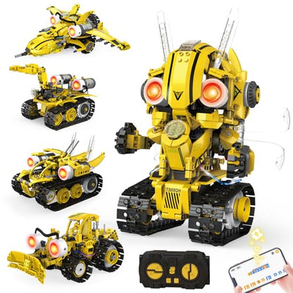 HPROMOT 5-in-1 STEM Robot Building Kit for Kids Ages 8-16, Remote & App Controlled, Rechargeable Engineering Learning DIY Coding Toy, Educational Building Blocks Gift for Girls & Boys (673 PCS) - color: Yellow