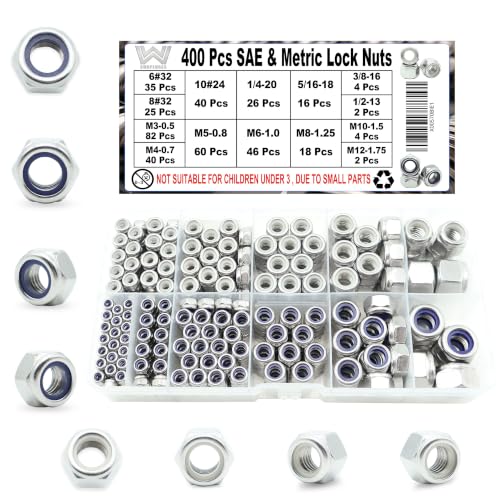400 Pcs SAE & Metric Lock Nuts Kit, M3-M12 & #6-1/2 Hardware Nuts - size: SAE & Metric 400 Kit (#6 To 1/2, M3 to M12)
