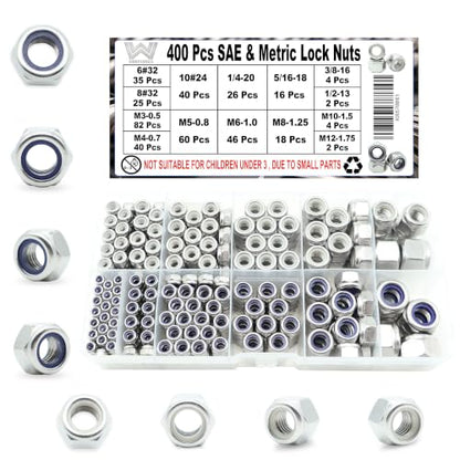 400 Pcs SAE & Metric Lock Nuts Kit, M3-M12 & #6-1/2 Hardware Nuts - size: SAE & Metric 400 Kit (#6 To 1/2, M3 to M12)