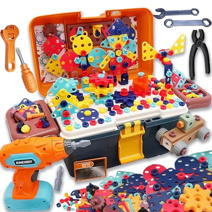 Magic Montessori Play Toolbox, Design and Drill Toy, Kids Tool Set Box Kit for Toddler 3-5 Drill and Screw Toys, Building STEM Educational Kids Real Power Tools Toy for Boy Girl