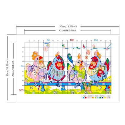 Zhenqing Knitting Chickens Stamped Cross Stitch Kit, 11CT Printed Pattern on White Cotton Fabric, Farmhouse Chicken Decor - color: Funny Knitting Chickens