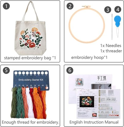MAMUNU Canvas Tote Bag Embroidery Kit with Pattern for Beginners, Arts and DIY Crafts Kits for Adults, Include Instructions Embroidery Bag, Embroidery Hoops, Color Threads and Tool - color: Beige