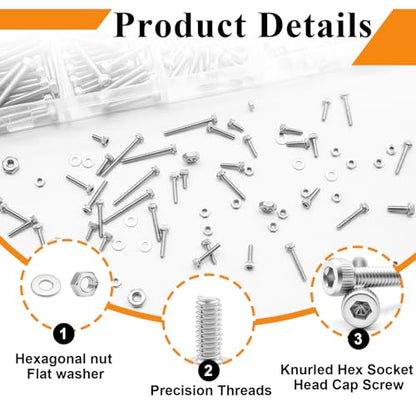 304 Stainless Steel 1050PCS M1.4 M1.6 M2 M2.5 Knurl Socket Head Cap Screws Hardware Kit Hex Socket Head Cap Bolts, Nuts & Washers Assorted Set for DIY, 3D Printer - size: 1050pcs