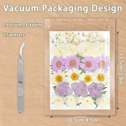 Dried Pressed Flowers Real Pressed Flowers Natural Dry Leaves Bulk Mixed Colorful Herbs Kit with Tweezers for Scrapbooking DIY Candle Jewelry Crafts Making Nails (White, Purple, Blue) - color: White, Purple, Blue
