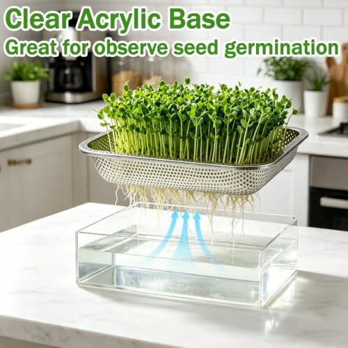 1 Pack Stainless Steel Seed Sprouter Tray Visual Soil-Free Cultivation Germination Tray with Acrylic Base Mesh Pads Seed Starter Tray Microgreens Growing Kit for Sprouts Beans Indoors Sprouting Seeds