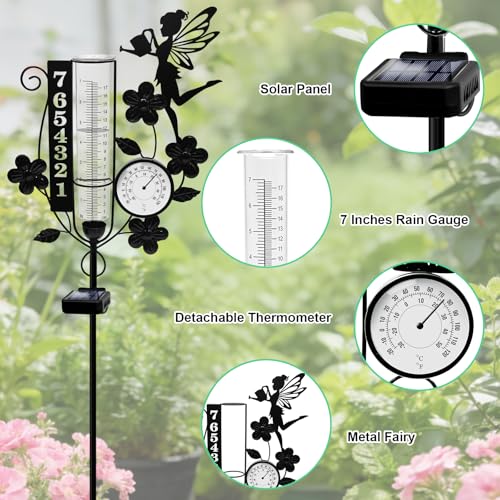 Metal Fairy Number Solar Rain Gauge Outdoor with LED Light and Thermometer - color: Fairy