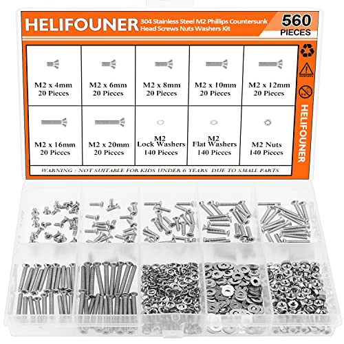 HELIFOUNER 560 Pieces M2 x 4mm /6mm /8mm /10mm /12mm /16mm /20mm, Phillips Countersunk Head Machine Screws, Metric Screws Bolts Washers Nuts Kit, 304 Stainless Steel - size: M2, style: Phillips Countersunk Head