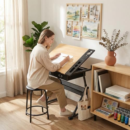 Magshion Drafting Table for Adults w/Stool, Natural - color: Natural & Black