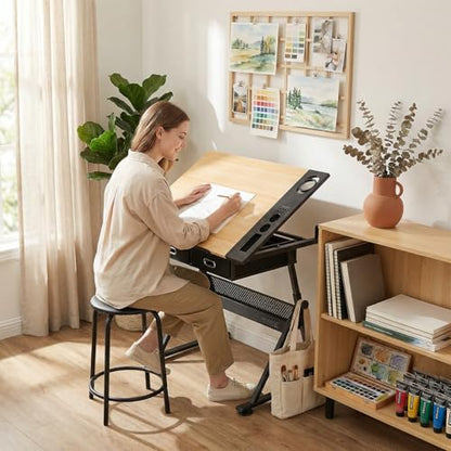 Magshion Drafting Table for Adults w/Stool, Natural - color: Natural & Black