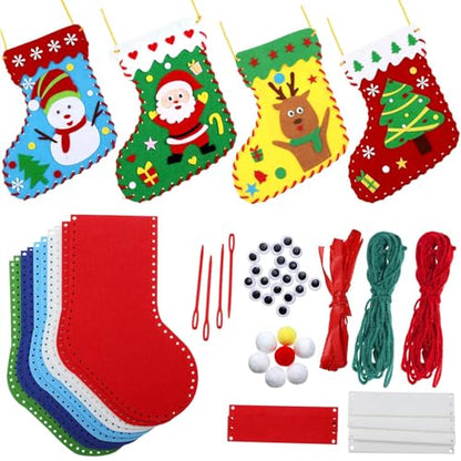 Yssreey 8 Sets Christmas Felt Crafts DIY Christmas Felt Stockings with Ornaments Handmade Sewing Sock Kits Create Your Own Christmas Stockings for Kids Christmas Favors