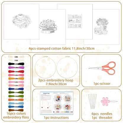 BEUNITONE 4 Set Book Flower Embroidery Kit for Adult Beginners 7.9x7.9 DIY Cross Stitch Kits Needlepoint Starter Kit with Pre-Printed Design and Hoops, Stamped Embroidery Kit for Home Ofiice Decor - style: B-Book Flowers