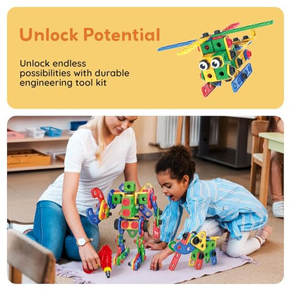 PicassoTiles 201pc STEM Learning Block Construction Kit with Power Drill and Clickable Ratchet Educational Engineering Toy Set Kids Age 3 Plus Preschool Activity Creative Play with Idea Book PTN201 - color: 201pcs Transformation