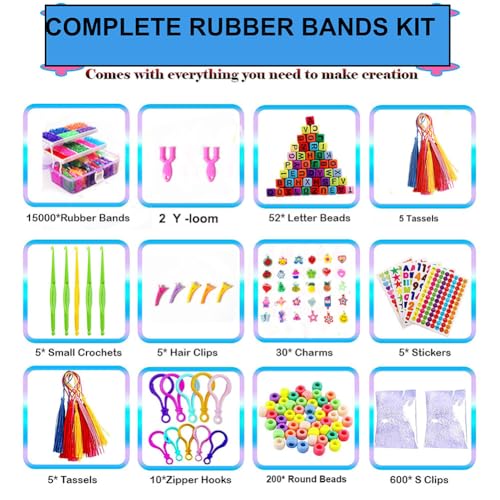 YITOHOP 15000+ Rubber Loom Bands, Mega Rubber Bands Bracelet Kit,Loom Bracelet Making Kit with 3 Layer Container,30 Colors,380 Beads,30 Charms,Clips, Hooks Tools for DIY Art Holiday Gift - color: purple