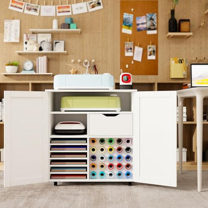 Craft Cart Cabinet Compatible with Cricut for Storage Organization, Rolling Craft Cabinet Table Stand Workstation with Vinyl Roll Holder with Wheels for Craft Room Organizer 31.6"W x 15.8"D x 33.7"H