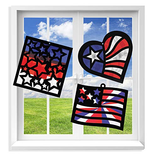 VHALE Suncatchers Craft 3 Sets (9 Cutouts) w Tissue Papers Stained Glass Effect Paper Sun Catcher Kit, Window Art, Classroom Crafts, Kids Party Favors (Patriotic, Independence Day) - style: Patriotic