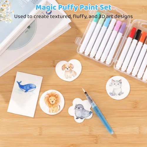 75 Pcs Magic Puffy Paint Set, Includes 60 Pcs Texture Papers and 12-Color Marker Pens, 3 Water Brush Pens, Paper for Crafts, DIY Painting Art, Travel & Parent-Youngster Activities