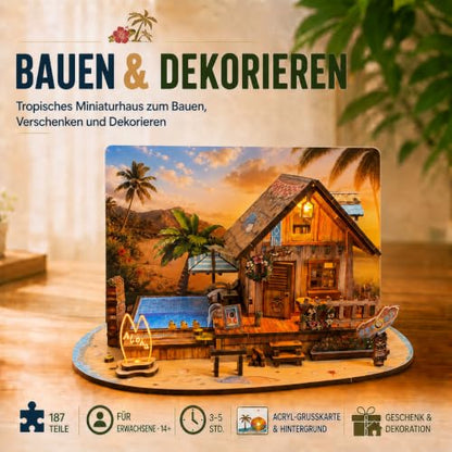 LED 3D Wooden Puzzle for Adults, DIY Miniature Hawaiian Beach House,Decor
