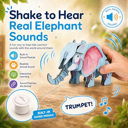 MierEdu Build 'N' Sound 3D Puzzle for Kids, Animal Puzzle with Sound Module, Educational STEM Craft Kit, FSC Paper Model Building Toy Gift for Ages 6+ - color: African Elephant