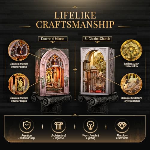 MiniCity 2-Piece Book Nook Kit Set, 3D Wooden Puzzle Bookshelf Insert Decor - color: Duomo Di Mliano & St. Charles Church