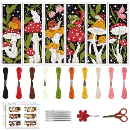 ACRNIGHEET 6PCS Stamped Cross Stitch Bookmark Kit for Beginners Mushroom - style: Mushroom Patterns