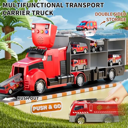 NIPLOOOW Fire Trucks Toy Set with Play Mat, Carrier Truck Play Vehicles Set for 3 4 5 6 Years Old Boys Kids, Die-Cast Car Toy for Toddlers 3-4 Years, Birthday Gifts Toys for 3-9 Year Old Boys - style: Fire Car