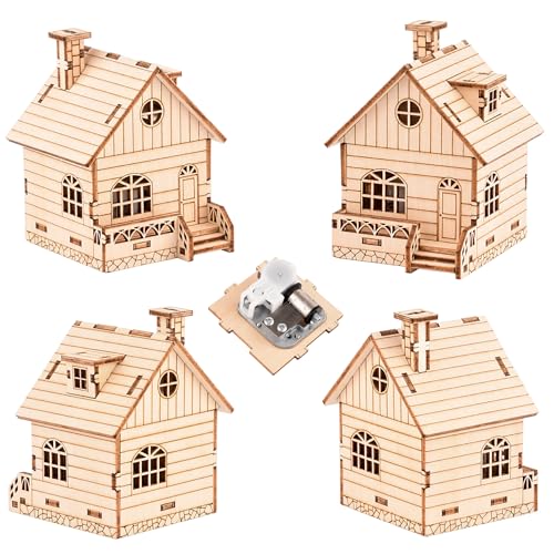 Wind-Up Music Box Log Cabin 3D Wooden Puzzle Building Model Kit