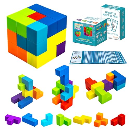 Magnetic Building Blocks Magic Magnetic 3D Puzzle Cubes, Set of 7 Multi Shapes Magnetic Blocks with 54 Guide Cards - style: style2