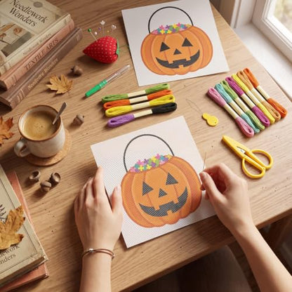 XunYee 31 Pcs Halloween Pumpkin Bucket Needlepoint Kit for Beginners Adults - style: Halloween Pumpkin Bucket