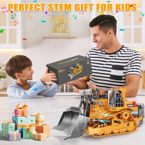 Remote Controlled Bulldozer, 9-Channel Metal RC Construction Vehicle Toy with Lights, Sound, and Rechargeable Battery, Remote Controlled Bulldozer Toy Gift for Kids Boys Girls Aged 4-12 (2.4 GHz) - style: Remote Controlled Bulldozer