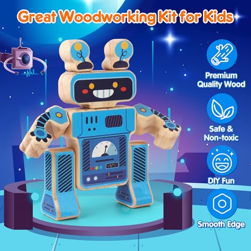 Mocoosy Wooden Robot Painting Art and Craft Kit for Kids Ages 3-5, Build & Decorate Your Own Robots with Paint & Stickers, Wood Robot STEM Game Montessoi Educational Toy Gift for Boys Girls 4-8 Years - style: Robot