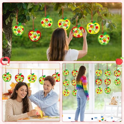 Qyeahkj 36 Set Fall Apple Suncatchers Crafts for Kids DIY Autumn Window Tissue Paper Craft Kit Hanging Decor for Back to School Home Activity Art Project Birthday Party Favor Gift - style: Fall Apple